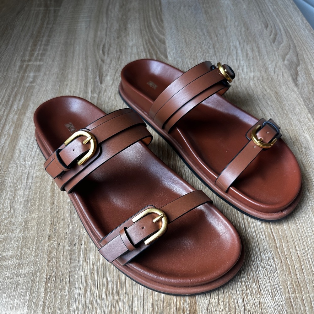 Zara Tan Sandals with Gold Buckles